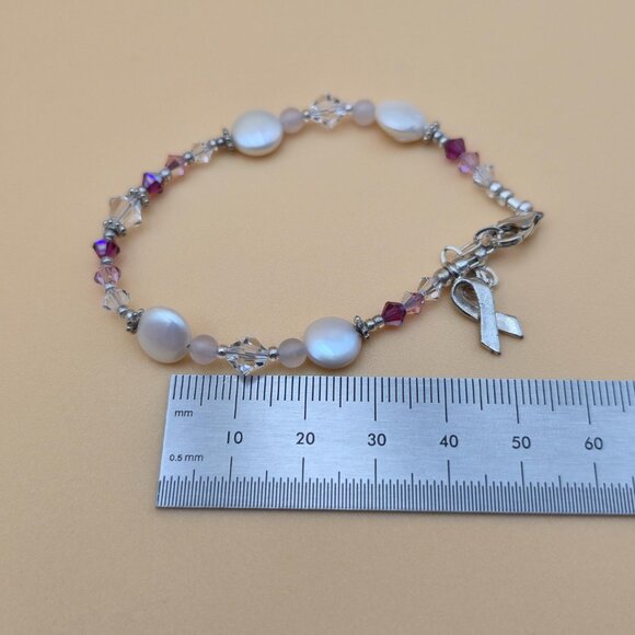 7+1 Inch Sterling Silver Pearl Breast Cancer Charm Bracelet B614 - Picture 5 of 6